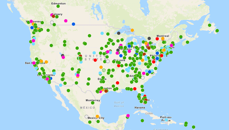 map of north america with dozens of pins dropped, mostly throughout the united states