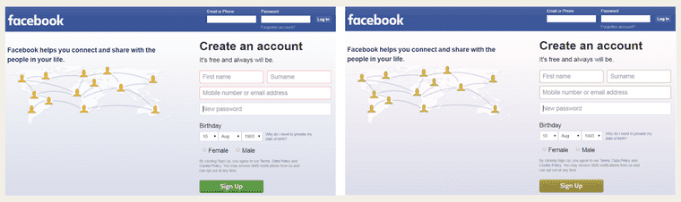 Side-by-side comparison of error states on an older version of Facebook’s “create account” page, using a colour-blind simulator tool.