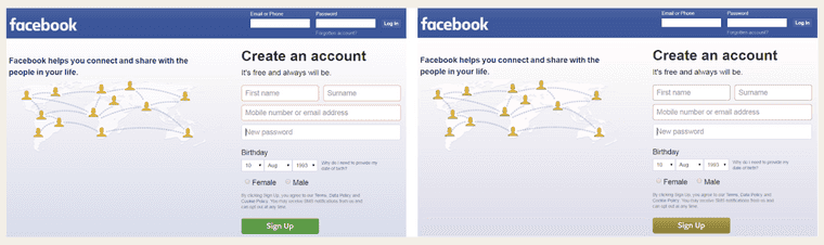 Side-by-side comparison of error states on an older version of Facebook’s “create account” page, using a colour-blind simulator tool.