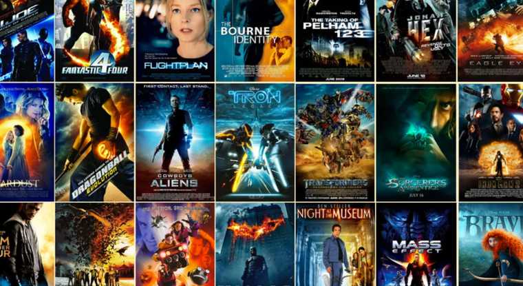 Grid of movie posters from the 2000s, all featuring a dominant blue and yellow or purple and orange palette.