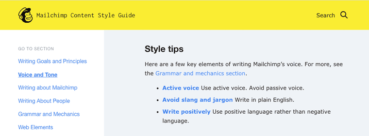 Voice and tone examples from Mailchimp's detailed content style guide