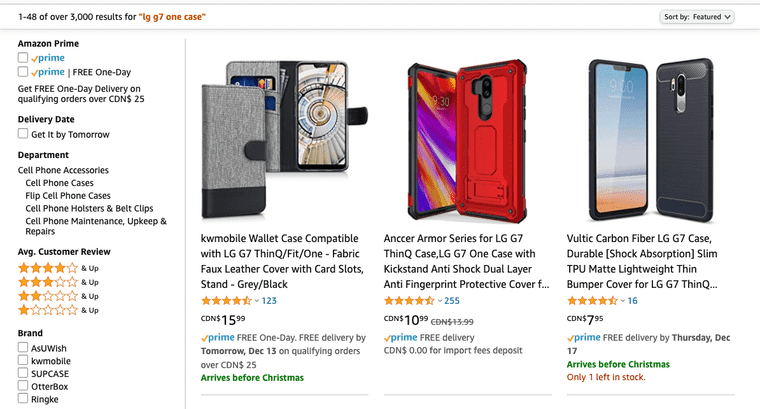 Amazon search results lists 1 to 48 of 3000 of phone cases with titles like 'kwmobile wallet case compatible with LG G7 ThinQ/Fit/One - fabric faux leather cover with card slots, stand - grey/black'