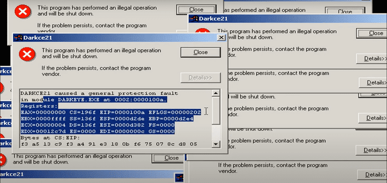 desktop screen filled with multiple error windows reading 'this program has performed an illegal operation and will be shut down'