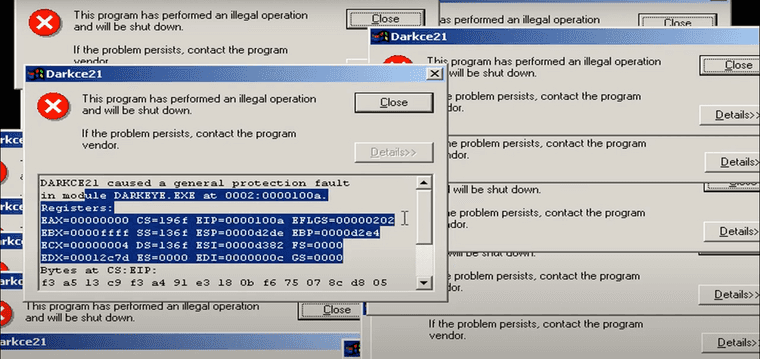 desktop screen filled with multiple error windows reading 'this program has performed an illegal operation and will be shut down'