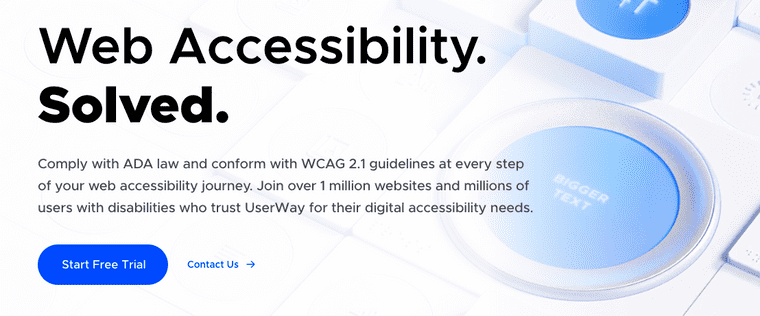 An overlay vendor's homepage declaring web accessibility solved, along with focus on compliance, ADA law, and citing a million clients and users with disabilities who trust the product
