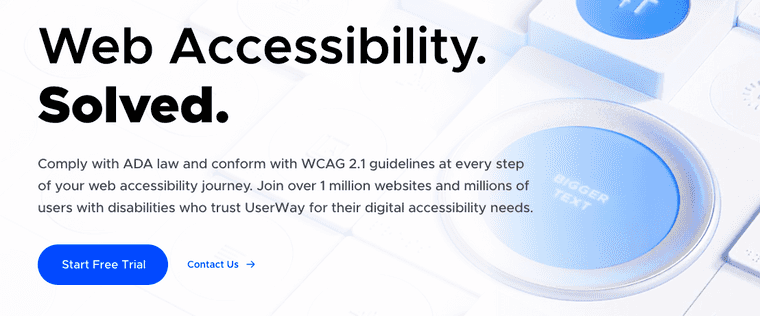 An overlay vendor's homepage declaring web accessibility solved, along with focus on compliance, ADA law, and citing a million clients and users with disabilities who trust the product