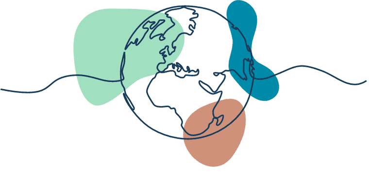 line drawing of the earth with coloured shapes floating around it