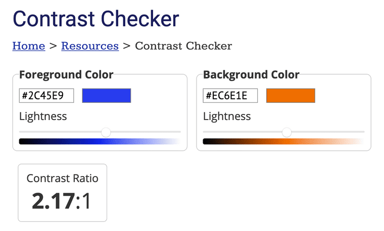 WebAIM’s free online “Contrast Checker” tool, taking a look at our blue and orange movie poster palette. 